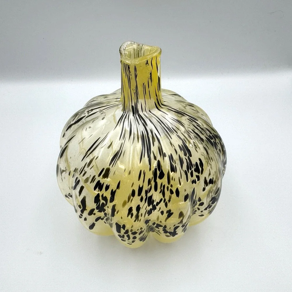 Handmade Polish Art Glass Candle Holder Yellow Black Spatter Pumpkin